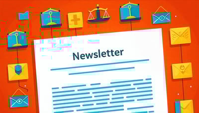 Newsletter signup illustration featuring legal icons and symbols